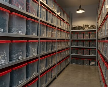 Labeled Christmas light storage bins for seasonal takedown and storage