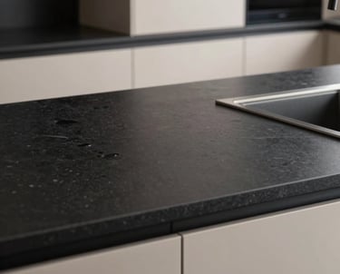 Detail shot of a modern kitchen renovation in Ankara, showcasing a matte black countertop and beige cabinetry with high-end finishes. No people.