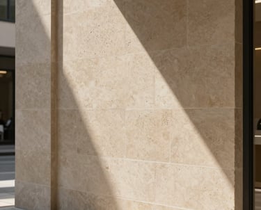 Architectural detail of a textured wall application in a commercial space, showing the interplay of light and shadow on beige stone surfaces. No people.