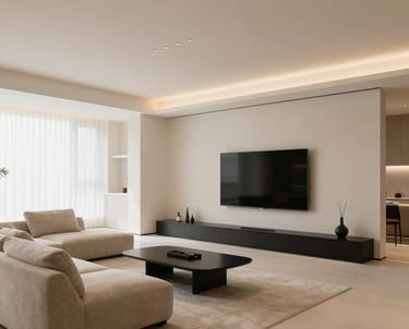 Interior shot of a luxury residence renovation in Ümitköy, Ankara. Minimalist furniture in beige and black, high ceilings, and premium wall finishes. No people.