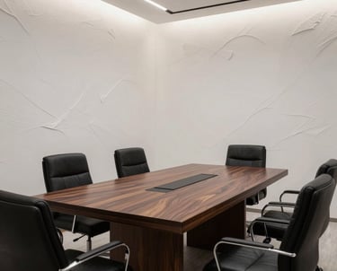 A sophisticated law office meeting room design in Çankaya, Ankara. Dark wood table, white walls with artistic textures, and elegant black chairs. No people.
