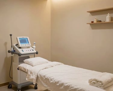 A tranquil and clean treatment room in an Indonesian wellness clinic. Soft warm lighting and professional medical equipment for acupuncture therapy. The environment feels serene, trustworthy, and modern.