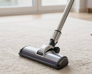Vacuum head cleaning a carpeted floor as part of professional fibre‑safe carpet care.