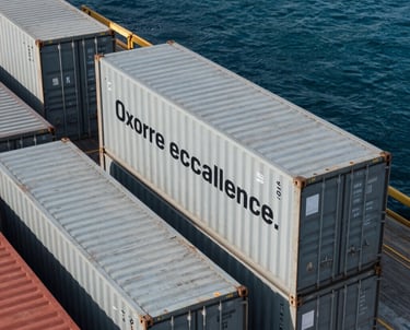 A professional high-angle shot of shipping containers at a modern port, with deep blue water and grey metallic textures. The image represents global logistics and supply chain excellence.