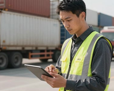 A high-resolution photograph of an logistics expert checking documentation on a tablet in front of a high-end freight terminal.