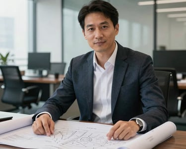 Portrait of a professional project manager in a high-end corporate office. They have a blueprint open on the desk beside them. Global Professional / International.