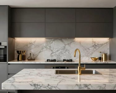 A high-end interior photography shot of a luxury villa kitchen featuring premium marble countertops and modern gold fixtures. Global Professional / International.