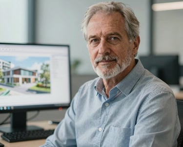 Portrait of a professional senior architect in a modern office. In the background, there is a blurred architectural visualization on a monitor. The lighting is soft and professional.