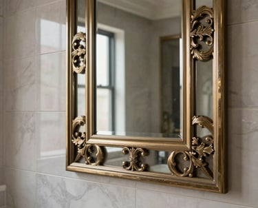 A professional photograph of a luxury interior design project showing a decorative mirror wall and high-end tiles. Global Professional / International.