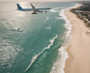 Photo of a modern airplane taking off against a clear blue sky.