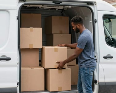 A friendly mover loading a van with carefully packed boxes in a sunny suburban driveway.
