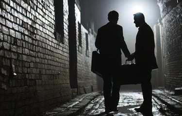 Two men in silhouette exchange a briefcase in a dark, atmospheric brick alleyway.