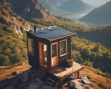 A cozy tiny house surrounded by greenery with a small solar panel on the roof.