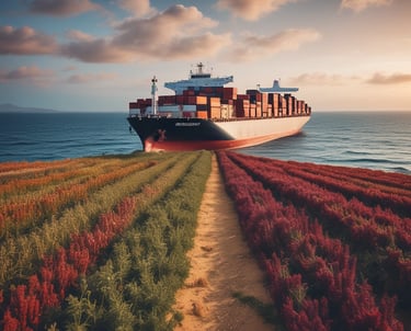 Cargo planes and trucks transporting organic Bolivian products across diverse landscapes.