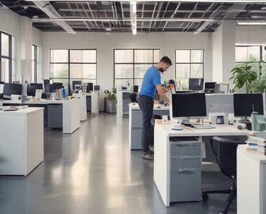 A bright, organized office space with freshly cleaned desks and floors.
