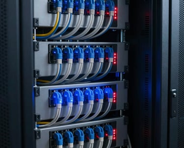 A modern network server closet with neatly organized cables glowing in blue and red LED indicator lights, symbolizing technical excellence, security, and stable IT infrastructure, photographed in Germany