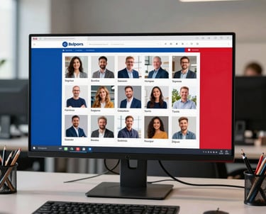 A professional workspace setup in a Central European office with a designer reviewing a social media grid layout on a screen, corporate lighting, with a brand palette touch of matte blue and crimson red