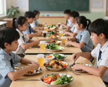 A classroom with untouched school lunches discarded in a bin.