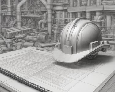 A team coordinating on site with safety gear, reviewing documents together.