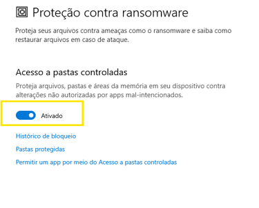 Proteção do Windows contra ransomware, ativas o acesso a pastas controladas
