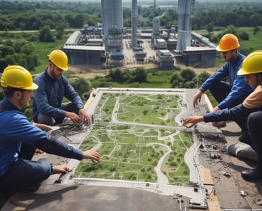 A professional consulting team discussing environmental plans around a table with charts and laptops.
