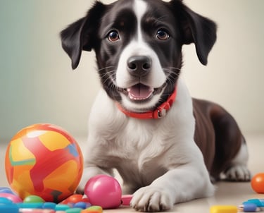 A playful puppy chewing on a colorful toy in a sunny living room.