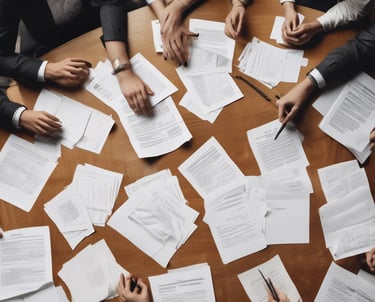 Professional lawyers discussing case documents in a modern office.