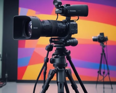 Cinematic shot of a creative team working with neon lights and lens flare effects.