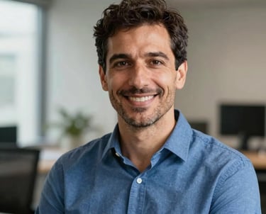 A professional headshot of a friendly man in his 40s in a Southern European / Italian office environment, wearing a professional steel blue shirt, soft natural lighting, high-quality portrait photography.