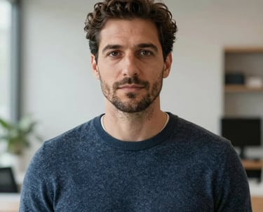 A professional headshot of a man in his late 30s in a Southern European / Italian professional environment, soft lighting, clean composition, wearing a neutral dark slate blue sweater.