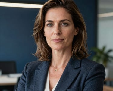 A professional headshot of a woman in her 40s in a Southern European / Italian corporate setting, with a background suggesting a modern office in dark slate blue tones, looking confident and approachable.