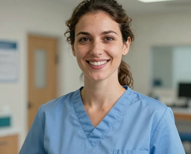 A professional headshot of a smiling woman in her 30s in a Southern European / Italian healthcare training center, wearing a professional uniform in soft sky blue, clean lighting, professional photography style.