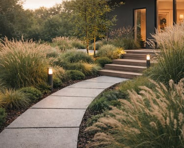 Kraštovaizdžio projekto įgyvendinimas – modernus kiemo takas su dekoratyviniais augalais, apšvietimu