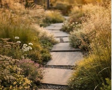 Kraštovaizdžio konsultacija vietoje – natūralistinis gėlynas su takeliu ir dekoratyvinėmis žolėmis