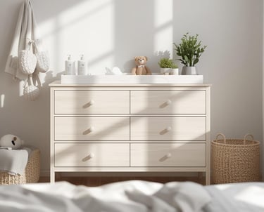 witte houten commode in een lichte babykamer met verzorgingsproducten en een knuffelbeer