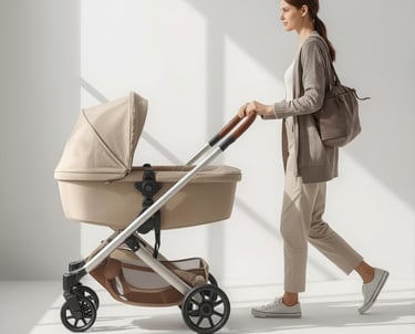Vrouw achter een moderne beige kinderwagen
