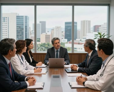 A group of South American healthcare executives in a strategic meeting within a modern boardroom. View of a Brazilian city skyline through the window. Professional, trustworthy mood, cinematic lighting.