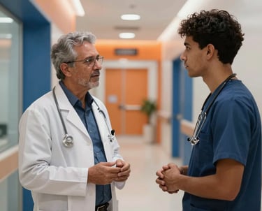 A South American medical director mentor talking to a young healthcare manager in a sophisticated hospital corridor. Contemporary Brazilian architecture, soft orange and navy blue lighting accents.