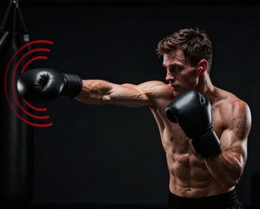 A focused boxer shadowboxing in a dimly lit gym, wearing synetiq sensors on wrists and ankles.