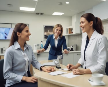 Close-up of a dental professional consulting with a client over premium dental supplies.