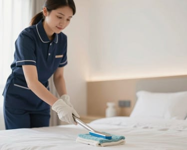 A professional housekeeping staff member cleaning a modern, bright bedroom, emphasizing hygiene and meticulous maintenance with a soft, clean aesthetic.