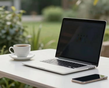 A close-up of the terrace workspace featuring a clean desk, a laptop, and a cup of coffee with a green garden background, illustrating a peaceful work-from-home setting.