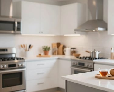 A bright, well-equipped modern kitchen with stainless steel appliances and organized counters, designed for residents to prepare their own tea, coffee, or meals.