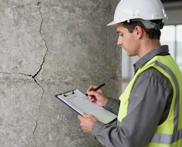Close-up of a consultant examining structural damage on a residential building.