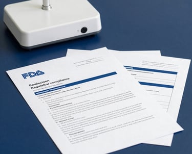 Close-up of a medical device with FDA compliance documents on a desk.