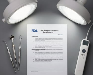 A professional consultant reviewing FDA regulatory documents with a medical device prototype on the desk.