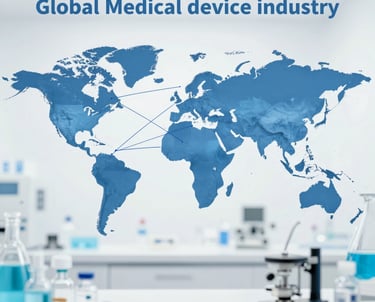 Three professional business people discussing documents against a navy blue background.