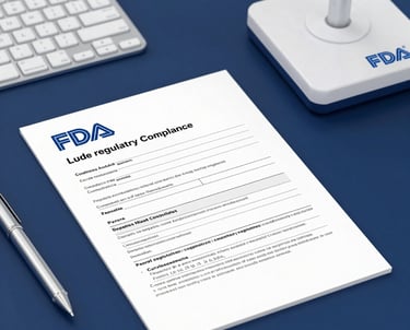 Close-up of a medical device with regulatory documents and a pen on a desk.
