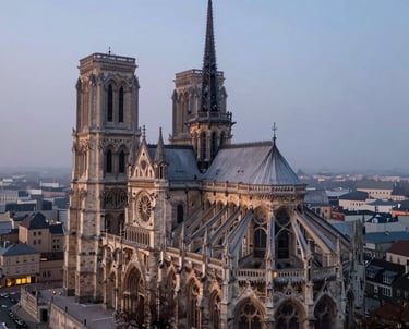 Drone hovering over a historic French cathedral at dawn. The architecture is illuminated by soft light, contrasting with the misty blue-grey sky.