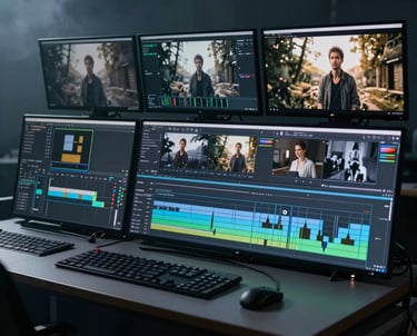Professional video editing suite in Western Europe with multiple screens showing cinematic timeline edits. The lighting is dim and focused, featuring misty blue-grey accents.